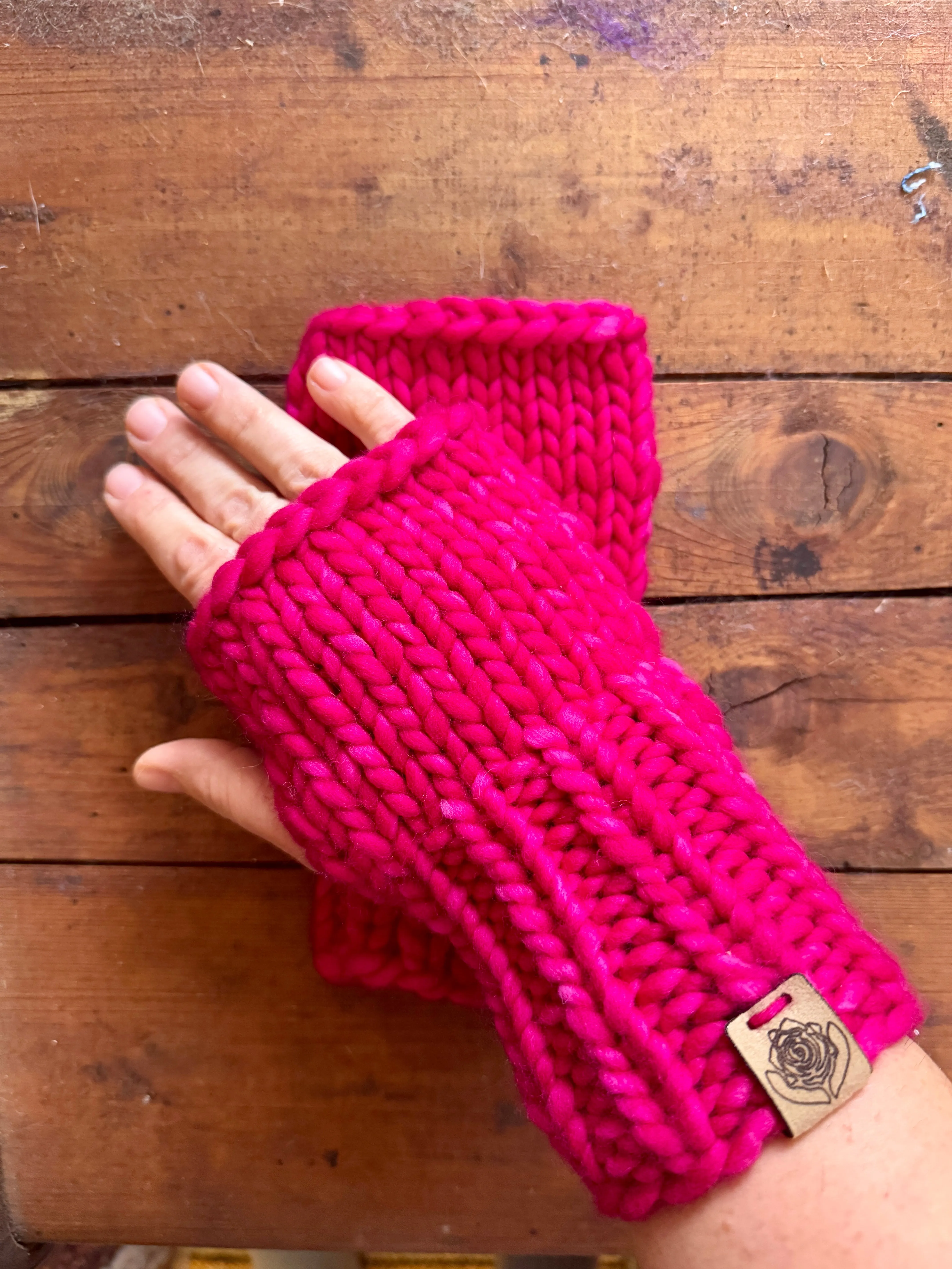 Luxury Hand knit cozy fingerless mittens hot pink fushia merino wool cozy gift