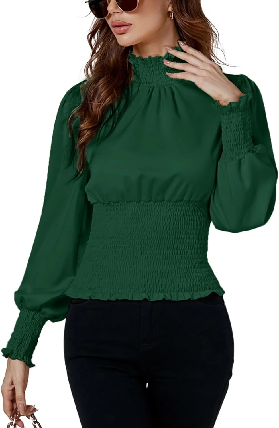 LYANER Women's Shirred Frill Mock Neck Smocked Puff Long Sleeve Blouse Top