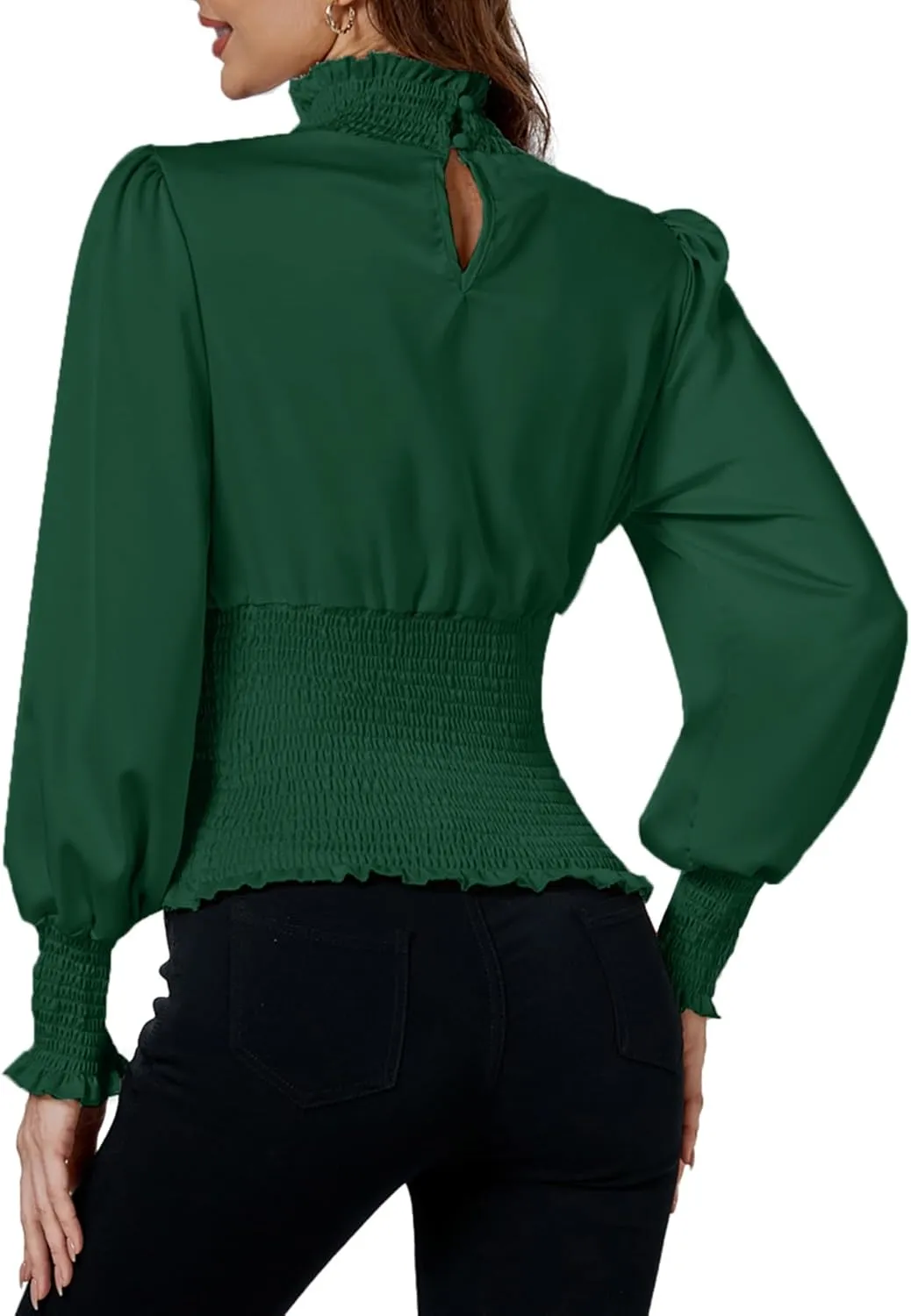 LYANER Women's Shirred Frill Mock Neck Smocked Puff Long Sleeve Blouse Top