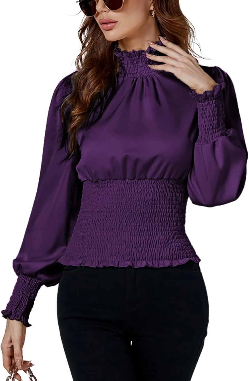 LYANER Women's Shirred Frill Mock Neck Smocked Puff Long Sleeve Blouse Top