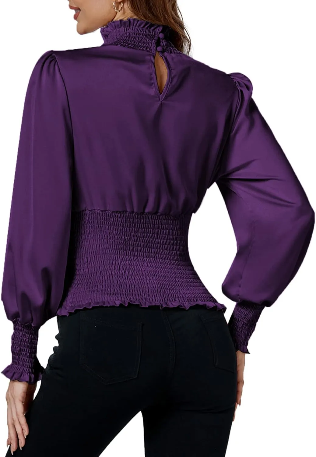 LYANER Women's Shirred Frill Mock Neck Smocked Puff Long Sleeve Blouse Top