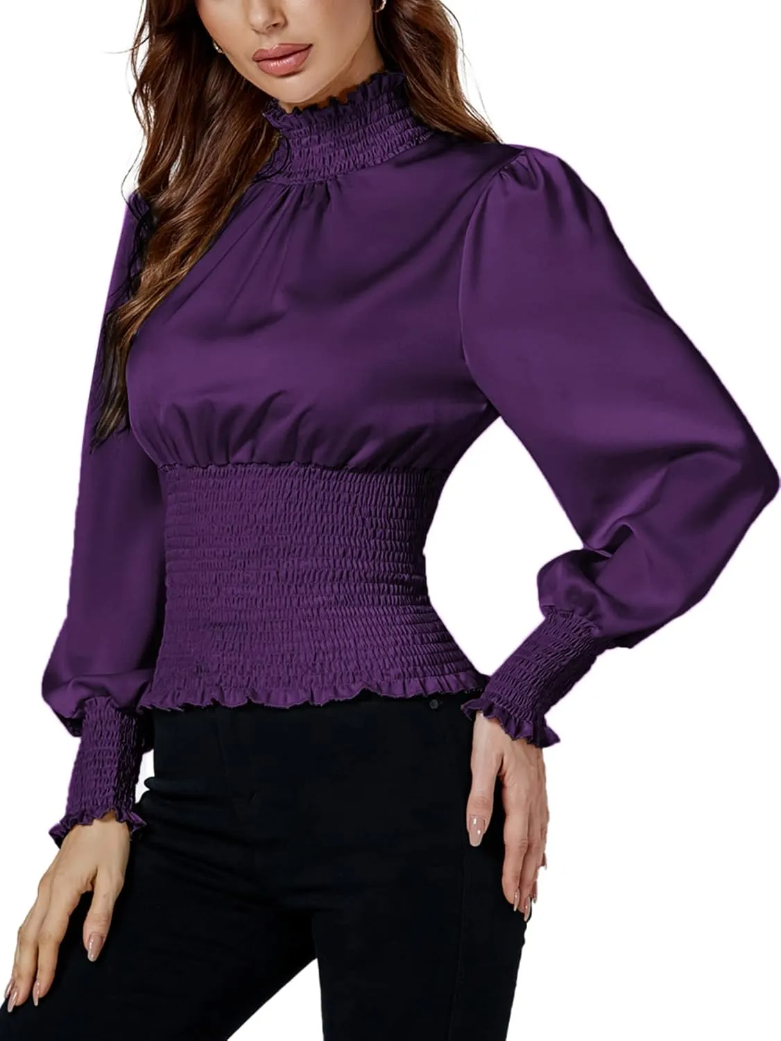 LYANER Women's Shirred Frill Mock Neck Smocked Puff Long Sleeve Blouse Top