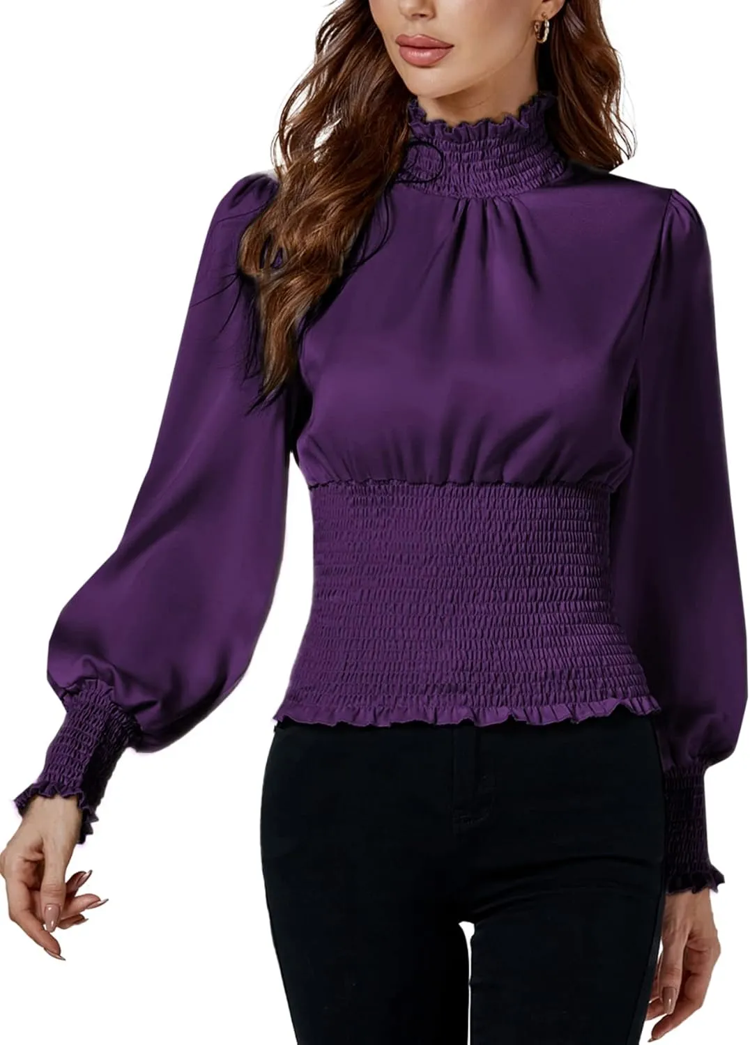 LYANER Women's Shirred Frill Mock Neck Smocked Puff Long Sleeve Blouse Top