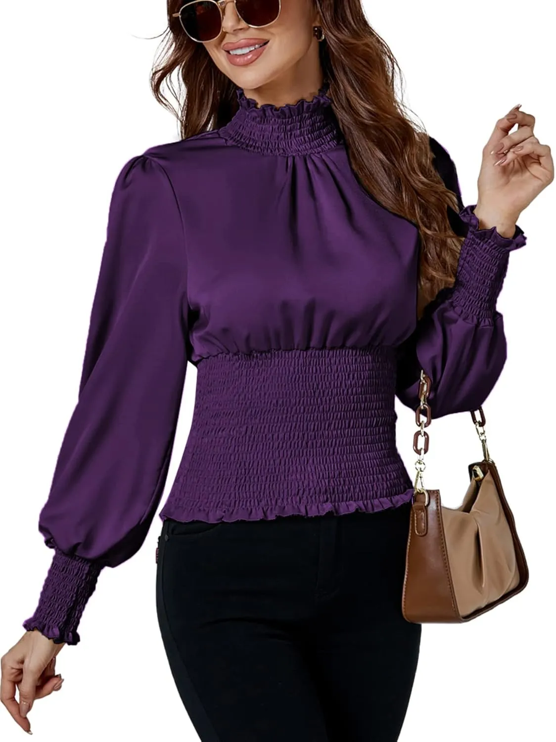 LYANER Women's Shirred Frill Mock Neck Smocked Puff Long Sleeve Blouse Top