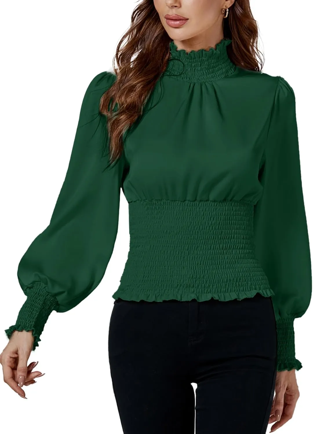 LYANER Women's Shirred Frill Mock Neck Smocked Puff Long Sleeve Blouse Top