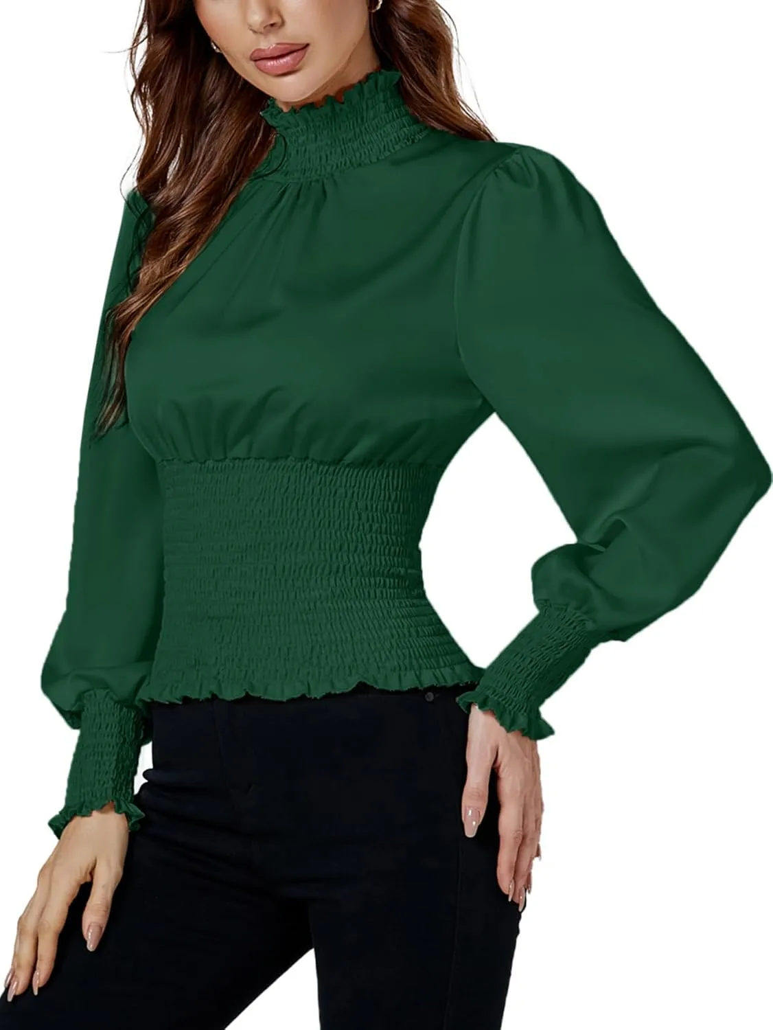 LYANER Women's Shirred Frill Mock Neck Smocked Puff Long Sleeve Blouse Top