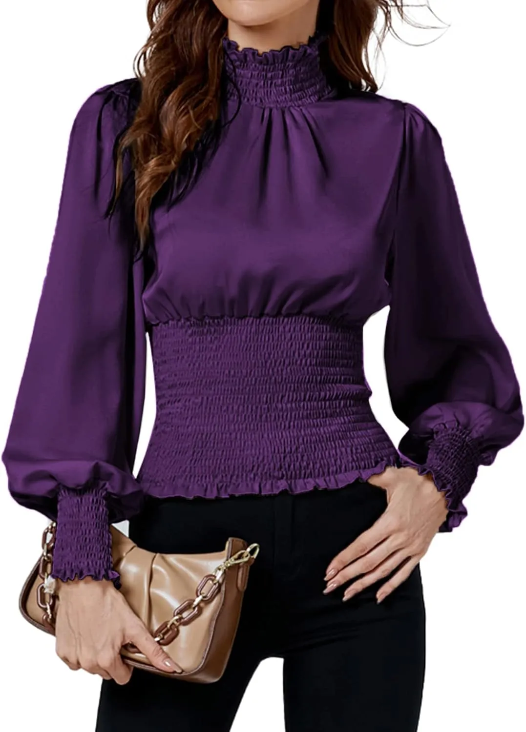 LYANER Women's Shirred Frill Mock Neck Smocked Puff Long Sleeve Blouse Top