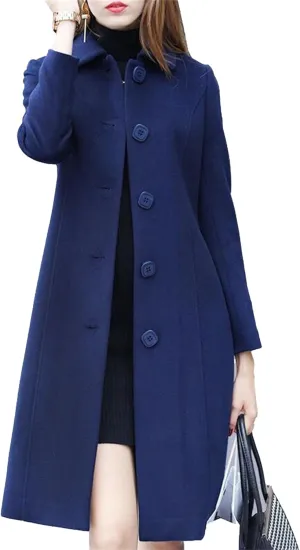 Maiyifu-GJ Women's Elegant Single Breasted Long Wool Blend Overcoat Fall Winter Lapel Trench Coat Jackets Casual Coats
