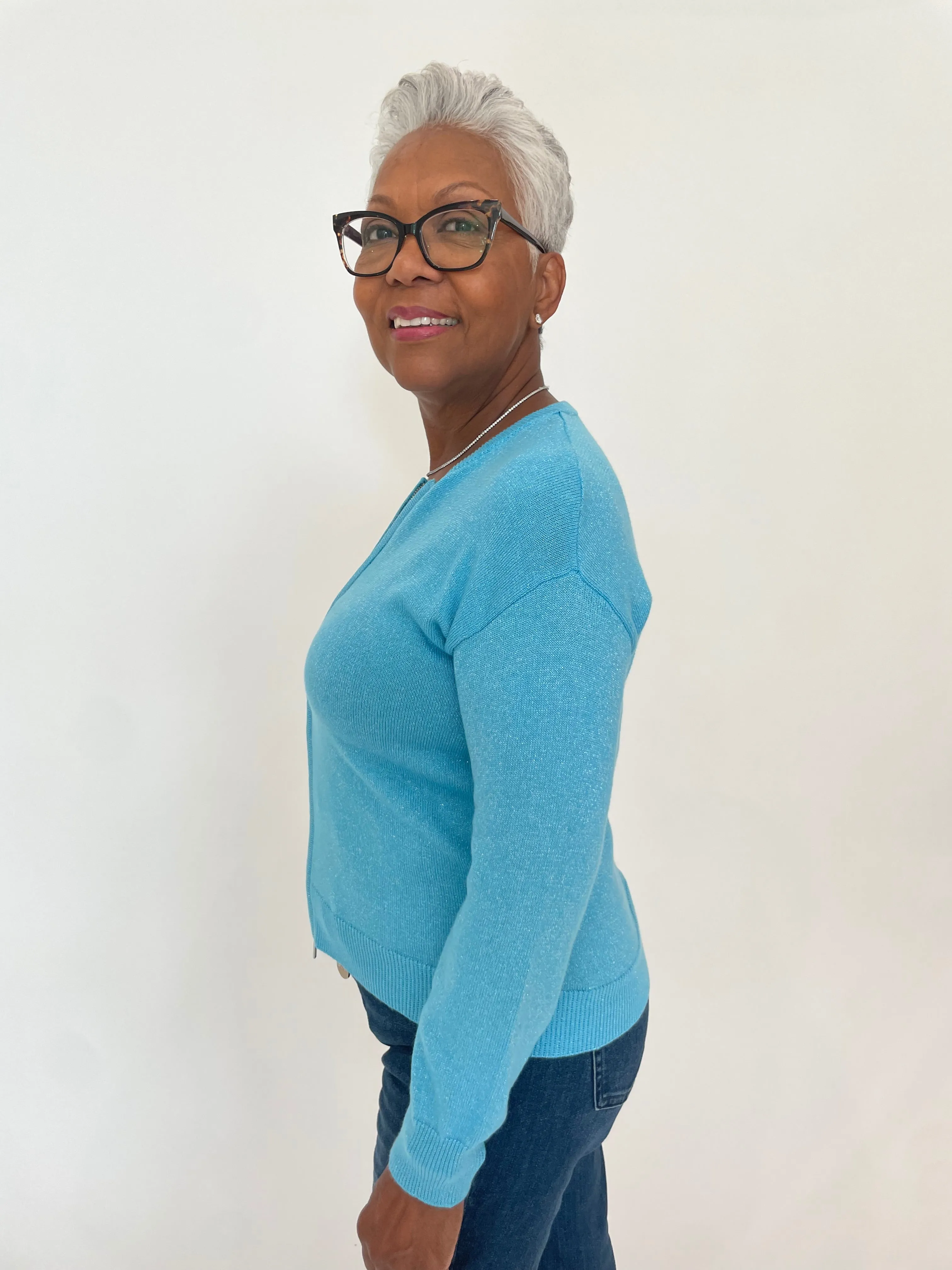 Megan Zip-Up Metallic Cardigan - Turquoise