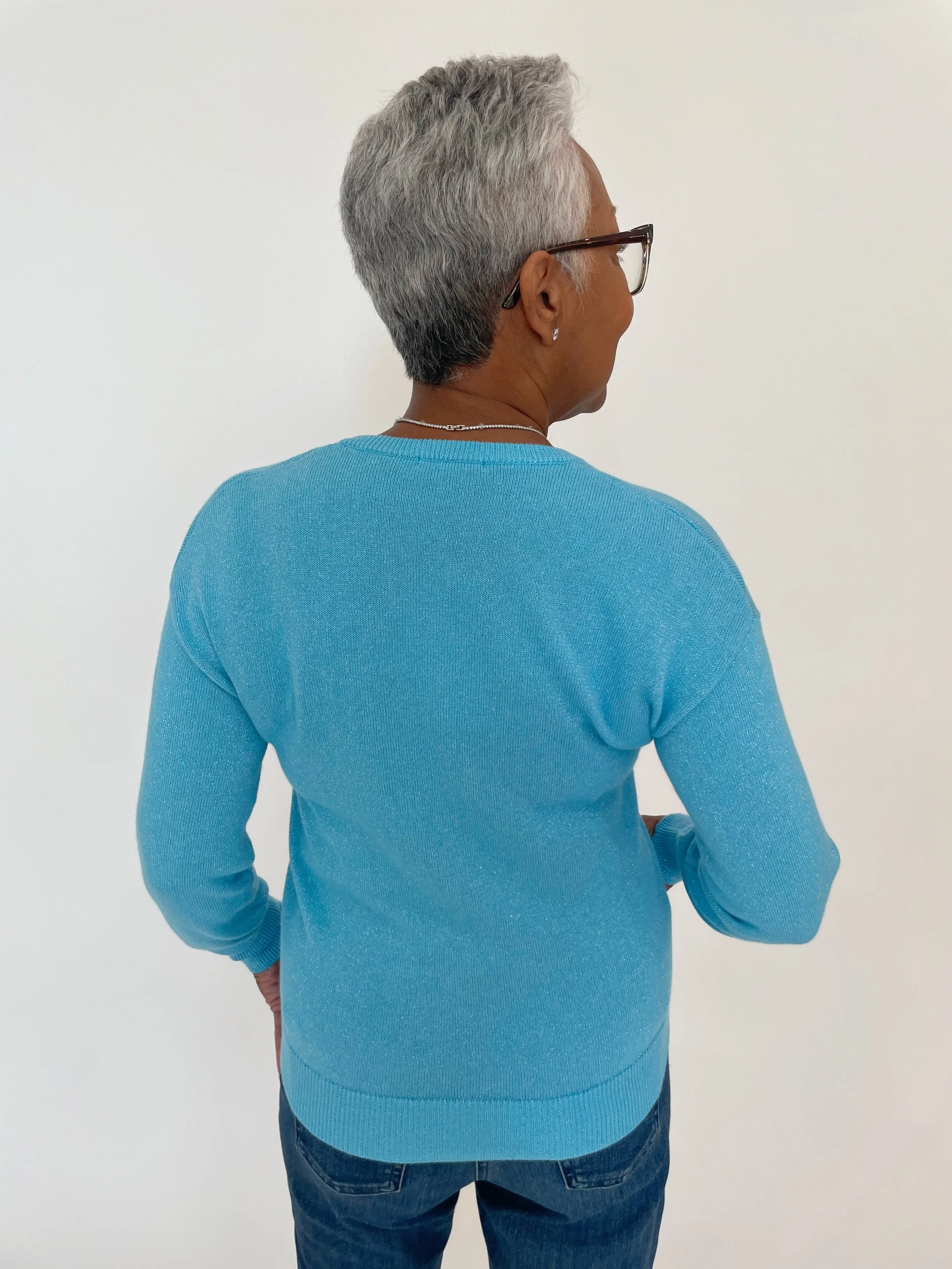 Megan Zip-Up Metallic Cardigan - Turquoise