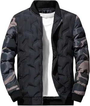 Men's Camo Quilted Bomber Jacket Winter Rib Varsity Baseball Jacket Lightweight Windproof Warm Padded Coats