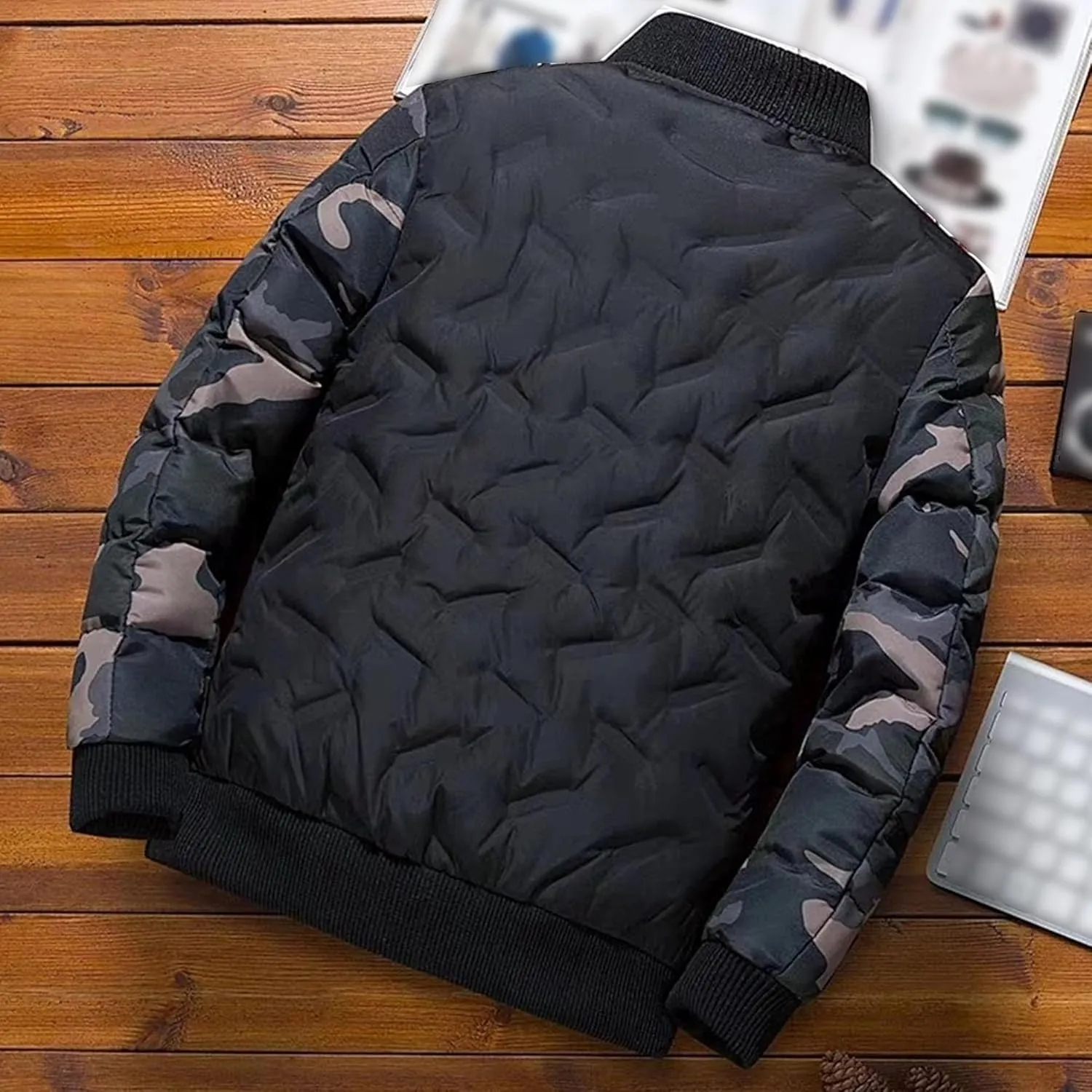 Men's Camo Quilted Bomber Jacket Winter Rib Varsity Baseball Jacket Lightweight Windproof Warm Padded Coats