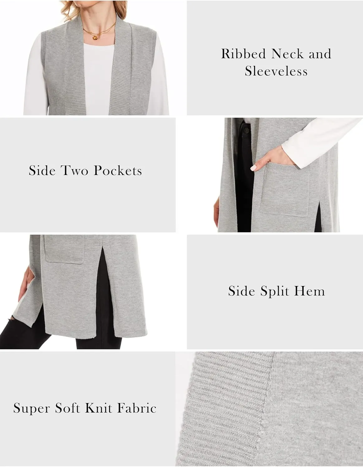 Moss Rose Long Vest for Women Sleeveless Lightweight Open Front Cardigans Ribbed Knit Outwear with Pockets