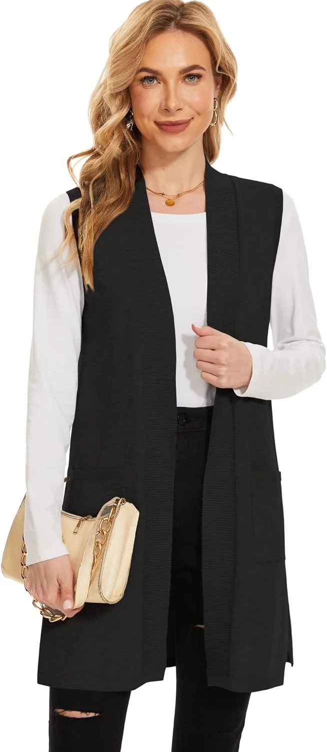 Moss Rose Long Vest for Women Sleeveless Lightweight Open Front Cardigans Ribbed Knit Outwear with Pockets