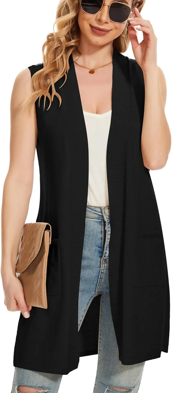Moss Rose Long Vest for Women Sleeveless Lightweight Open Front Cardigans Ribbed Knit Outwear with Pockets