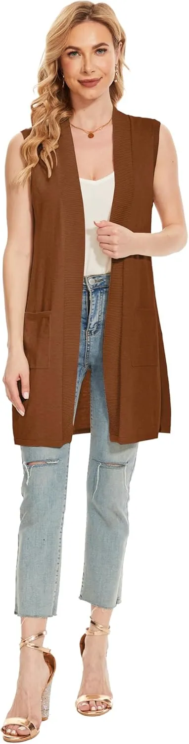 Moss Rose Long Vest for Women Sleeveless Lightweight Open Front Cardigans Ribbed Knit Outwear with Pockets