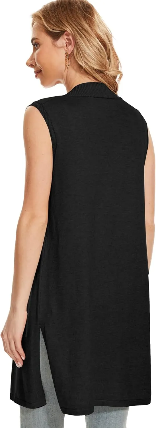 Moss Rose Long Vest for Women Sleeveless Lightweight Open Front Cardigans Ribbed Knit Outwear with Pockets
