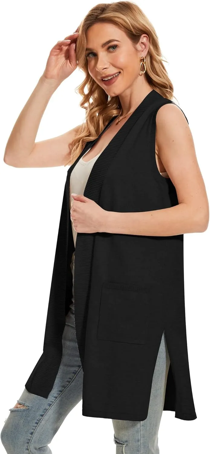 Moss Rose Long Vest for Women Sleeveless Lightweight Open Front Cardigans Ribbed Knit Outwear with Pockets