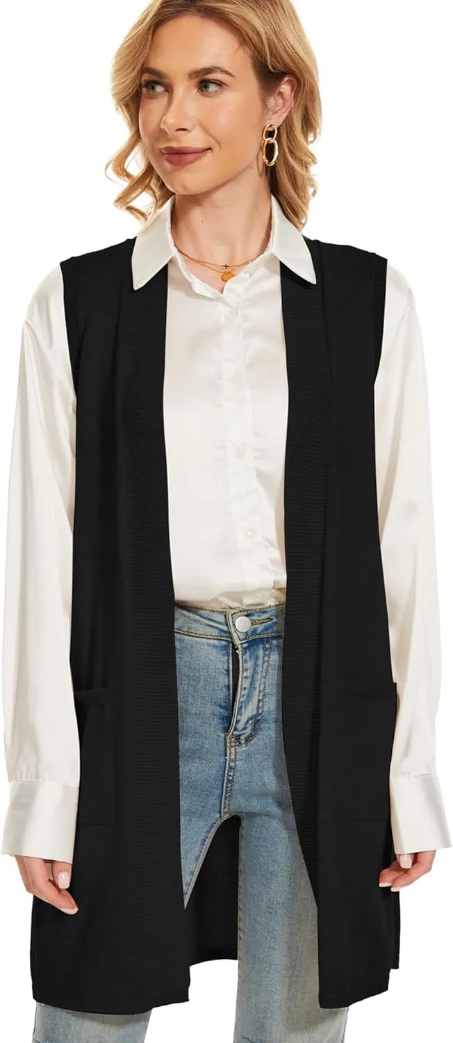 Moss Rose Long Vest for Women Sleeveless Lightweight Open Front Cardigans Ribbed Knit Outwear with Pockets