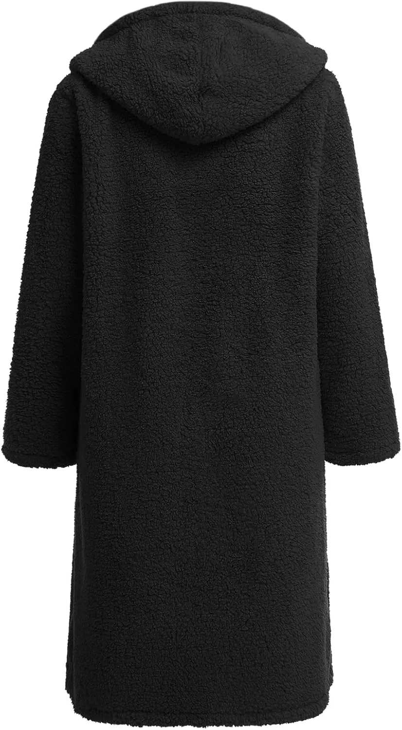 ODIZLI Women's Winter Coats Fuzzy Fleece Long Hooded Jackets Button Down Faux Fur Warm Outwear With Pockets