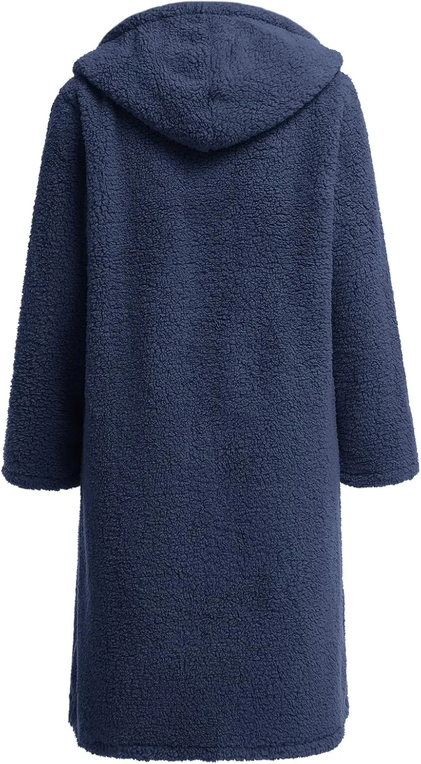 ODIZLI Women's Winter Coats Fuzzy Fleece Long Hooded Jackets Button Down Faux Fur Warm Outwear With Pockets