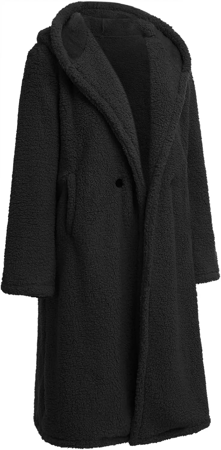 ODIZLI Women's Winter Coats Fuzzy Fleece Long Hooded Jackets Button Down Faux Fur Warm Outwear With Pockets