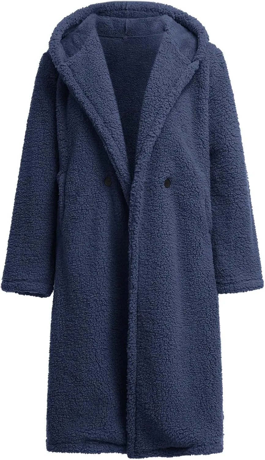 ODIZLI Women's Winter Coats Fuzzy Fleece Long Hooded Jackets Button Down Faux Fur Warm Outwear With Pockets