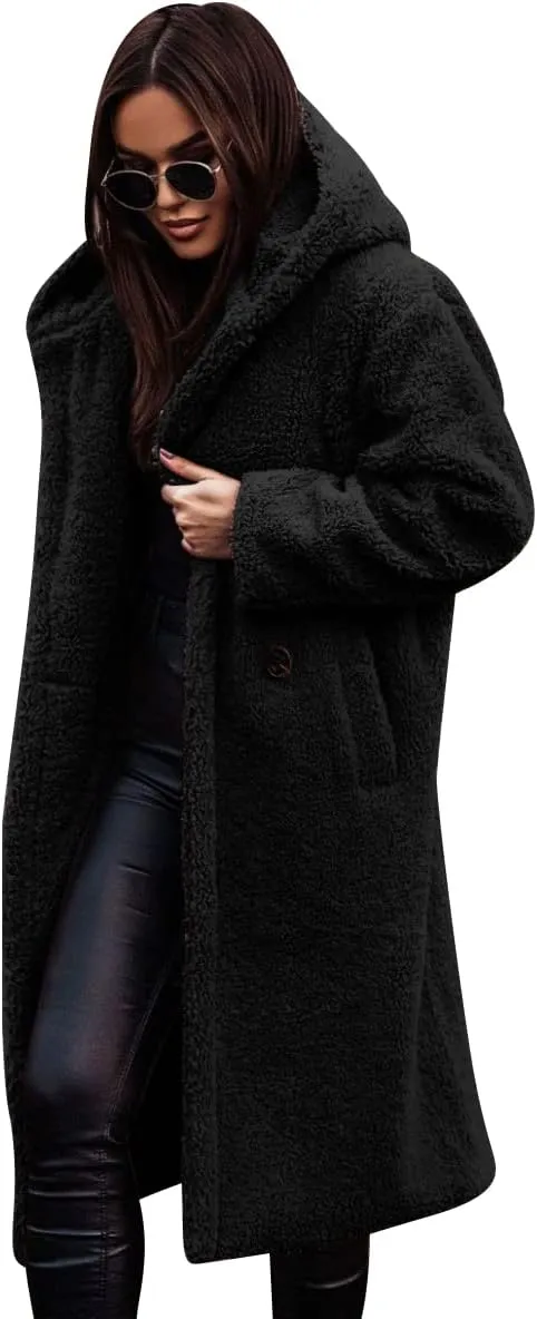 ODIZLI Women's Winter Coats Fuzzy Fleece Long Hooded Jackets Button Down Faux Fur Warm Outwear With Pockets
