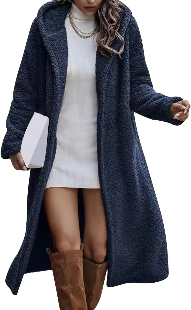 ODIZLI Women's Winter Coats Fuzzy Fleece Long Hooded Jackets Button Down Faux Fur Warm Outwear With Pockets