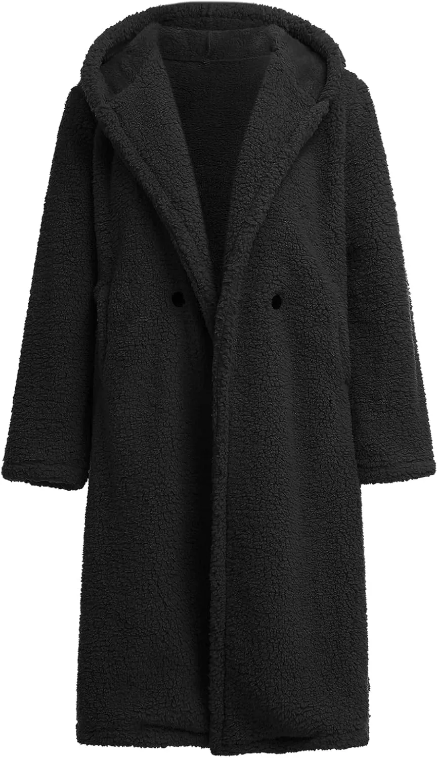 ODIZLI Women's Winter Coats Fuzzy Fleece Long Hooded Jackets Button Down Faux Fur Warm Outwear With Pockets