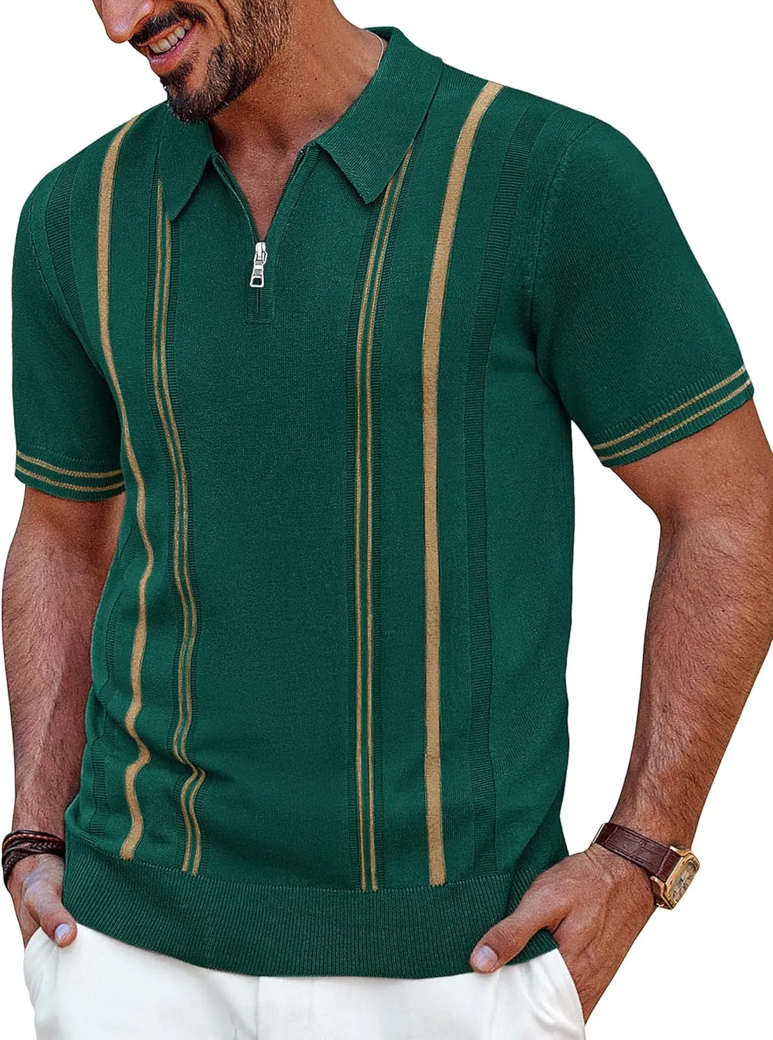 PJ PAUL JONES Mens Polo Shirts Quarter Zip Knit Shirt Vintage Short Sleeve Summer Shirt