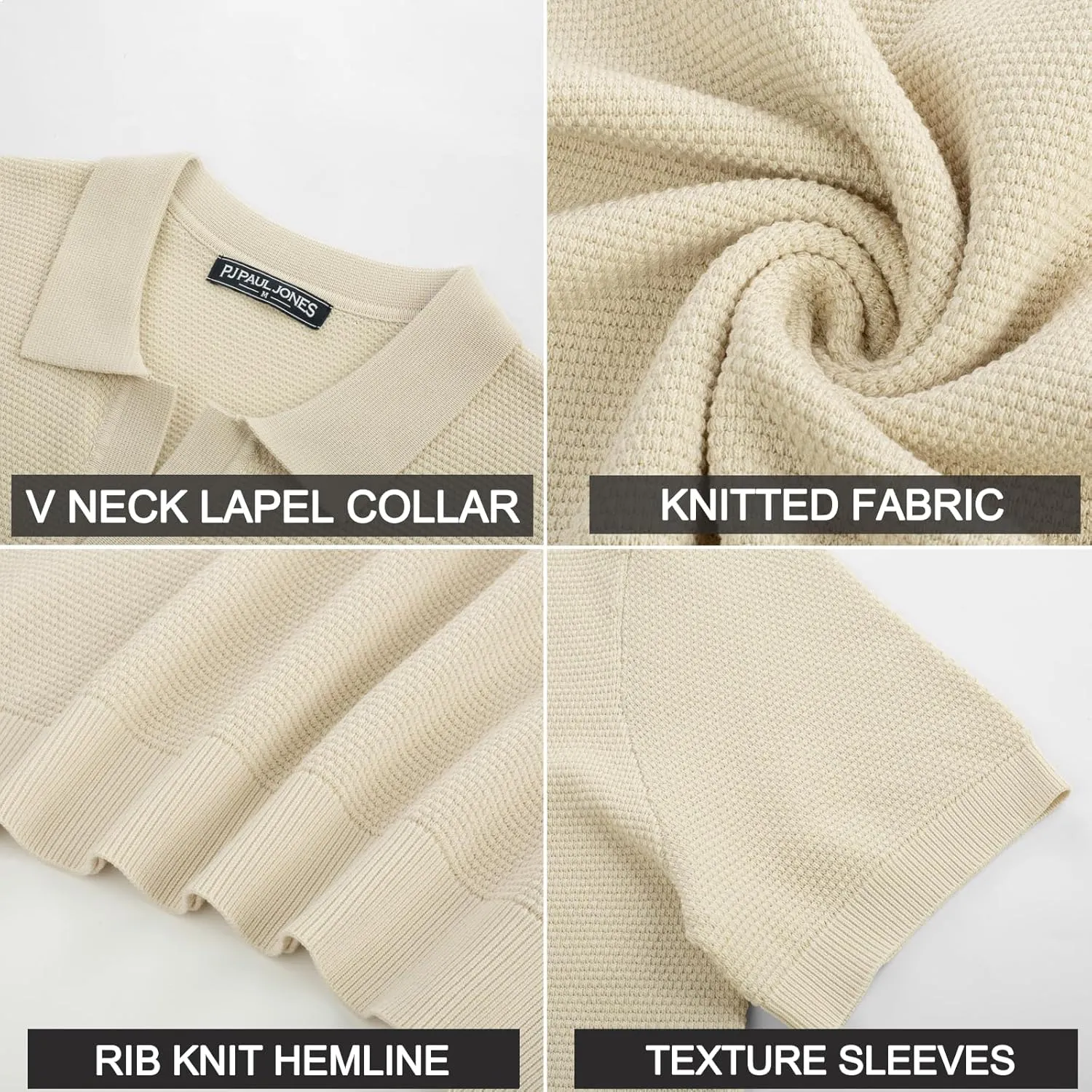 PJ PAUL JONES Mens Polo Shirts Short Sleeve V Neck Knit Textured Polo Knitted Golf Shirt