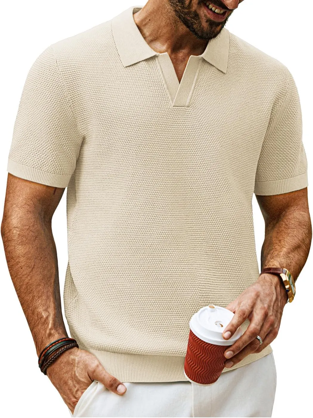 PJ PAUL JONES Mens Polo Shirts Short Sleeve V Neck Knit Textured Polo Knitted Golf Shirt