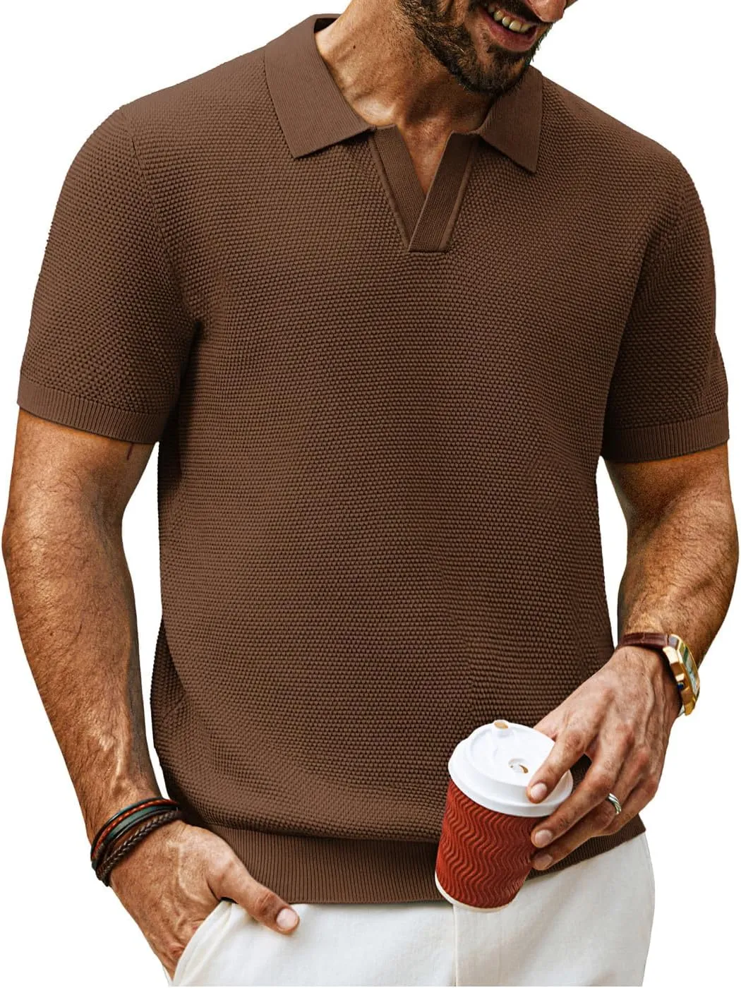 PJ PAUL JONES Mens Polo Shirts Short Sleeve V Neck Knit Textured Polo Knitted Golf Shirt