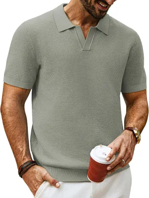 PJ PAUL JONES Mens Polo Shirts Short Sleeve V Neck Knit Textured Polo Knitted Golf Shirt