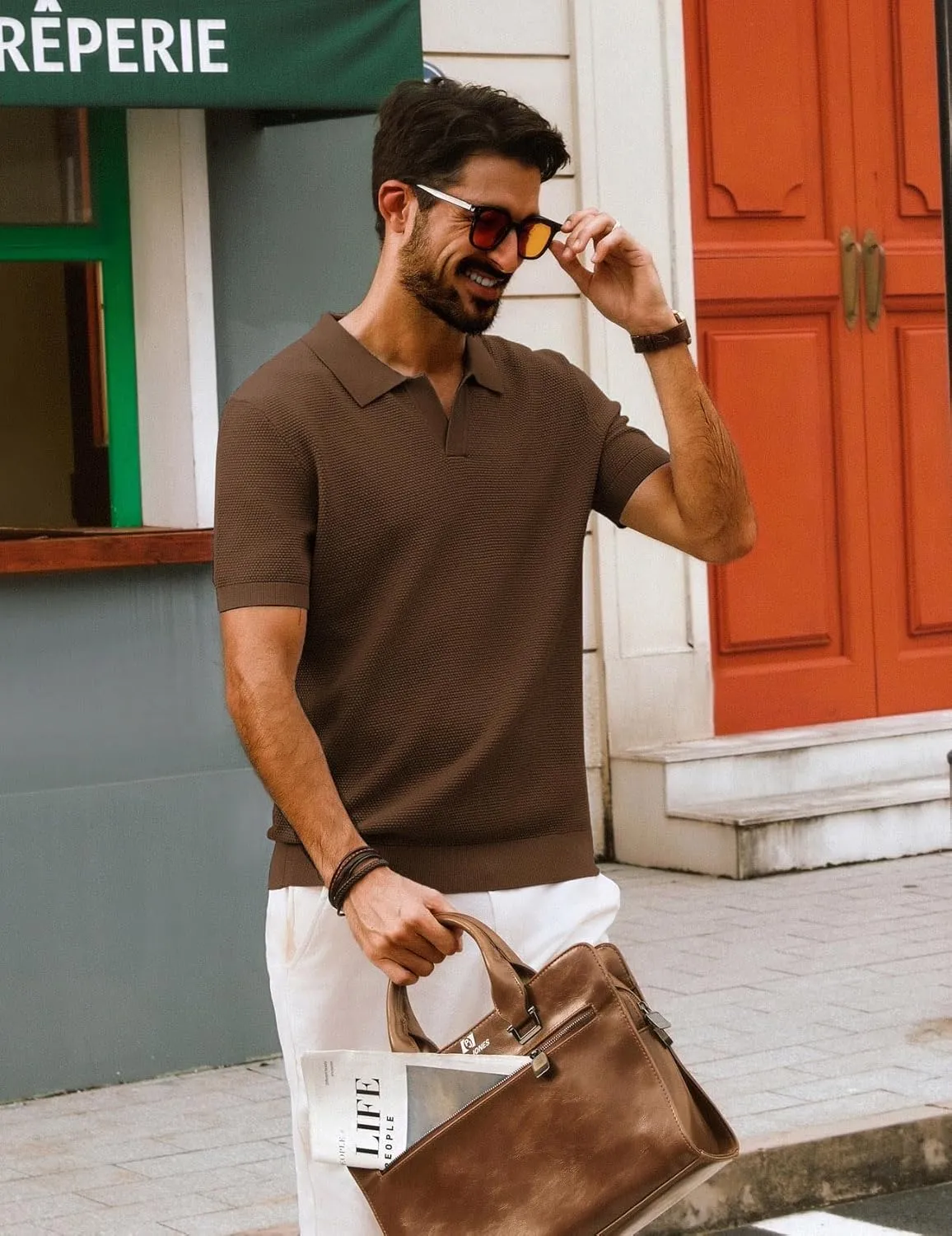 PJ PAUL JONES Mens Polo Shirts Short Sleeve V Neck Knit Textured Polo Knitted Golf Shirt