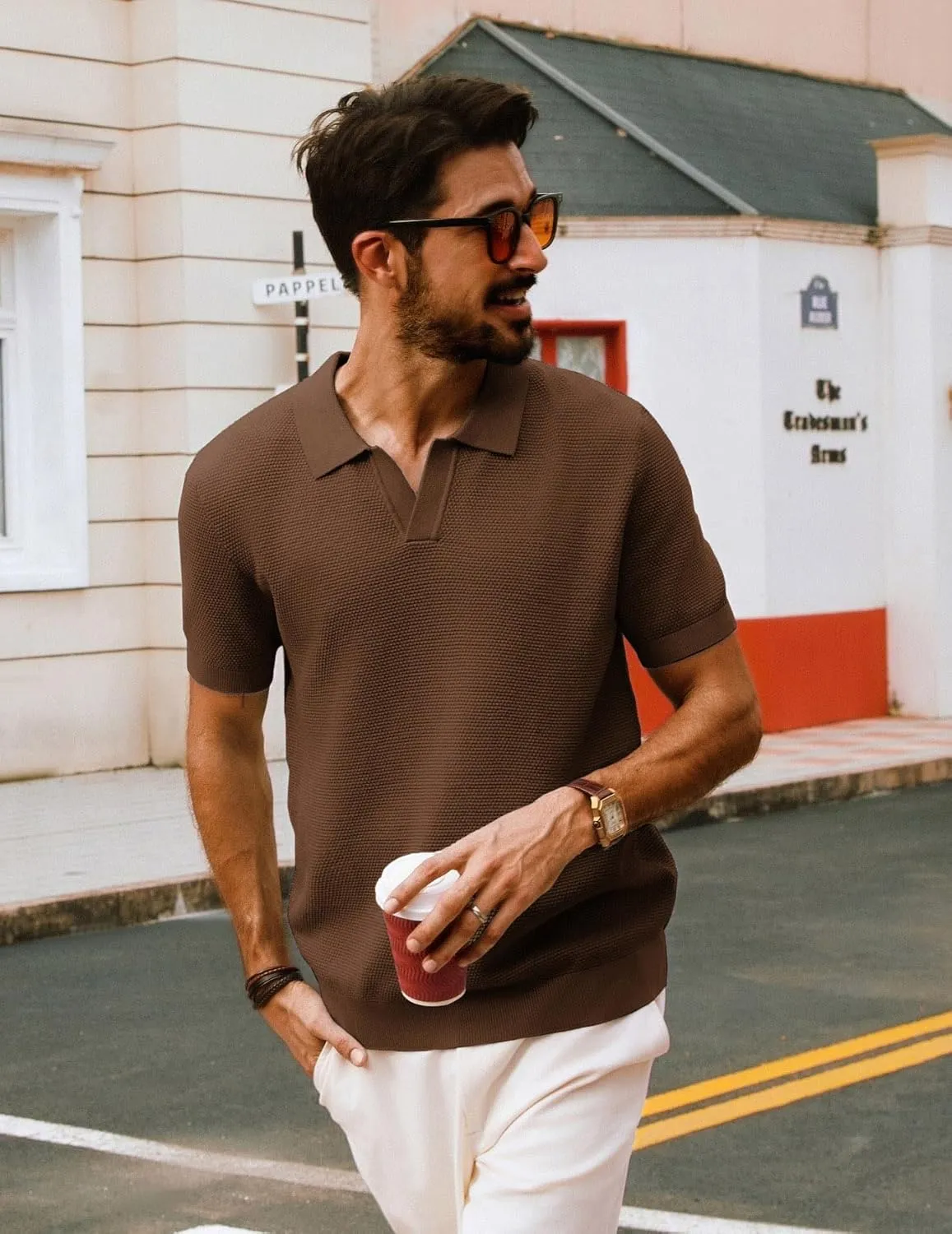 PJ PAUL JONES Mens Polo Shirts Short Sleeve V Neck Knit Textured Polo Knitted Golf Shirt