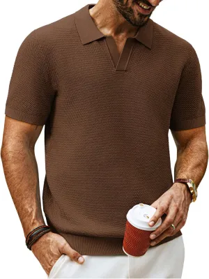 PJ PAUL JONES Mens Polo Shirts Short Sleeve V Neck Knit Textured Polo Knitted Golf Shirt
