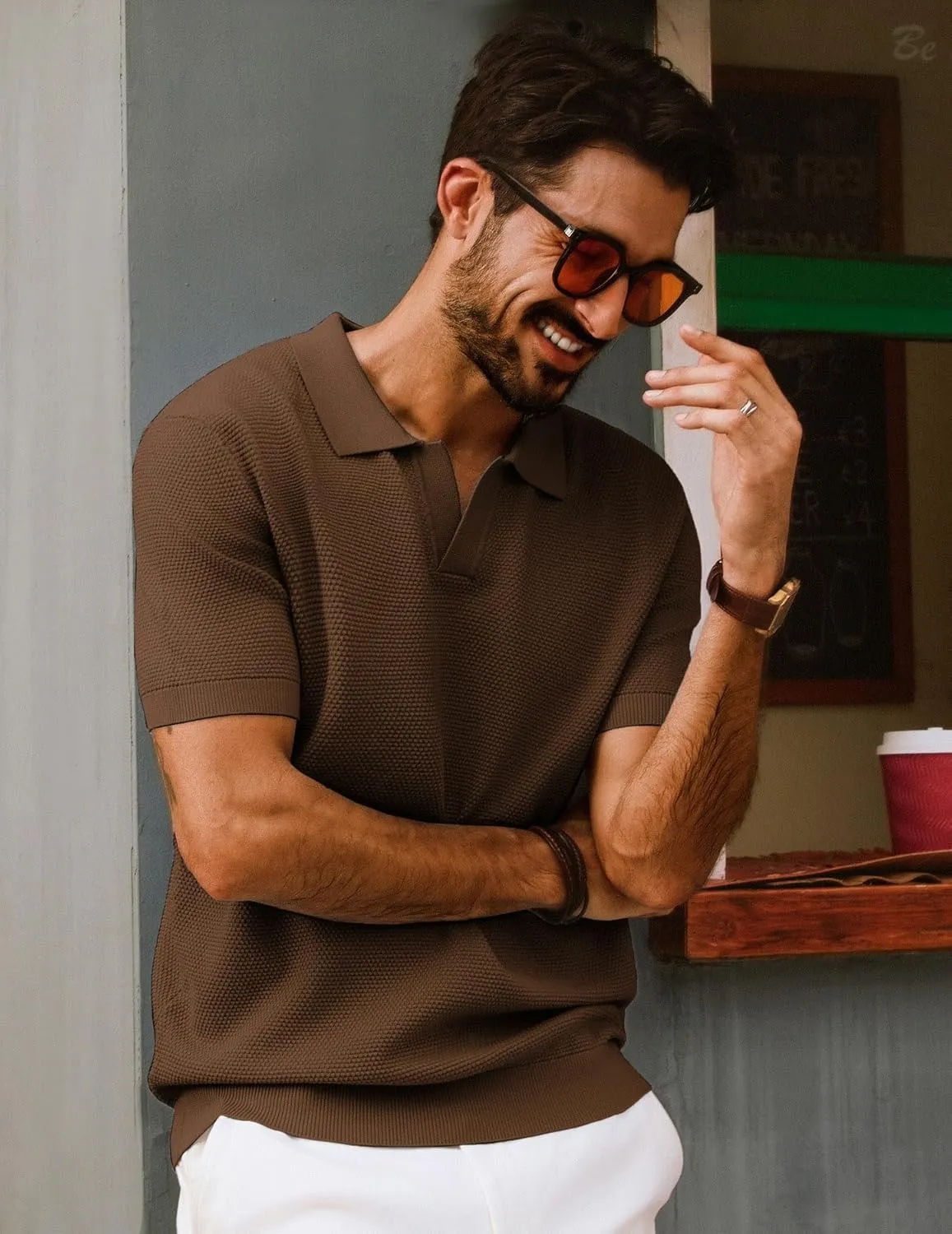 PJ PAUL JONES Mens Polo Shirts Short Sleeve V Neck Knit Textured Polo Knitted Golf Shirt