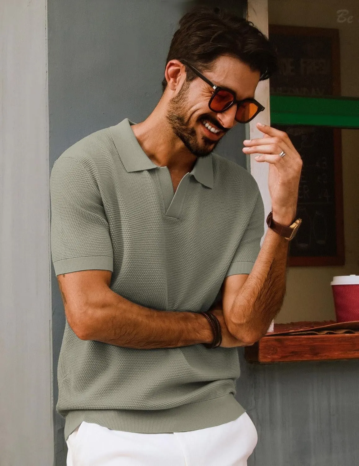 PJ PAUL JONES Mens Polo Shirts Short Sleeve V Neck Knit Textured Polo Knitted Golf Shirt