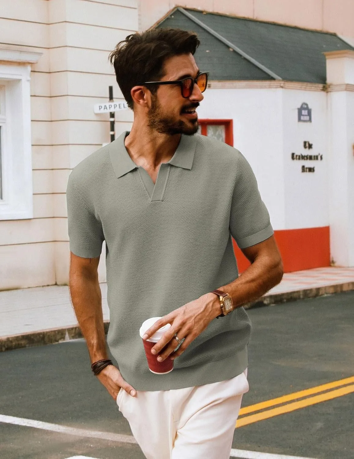 PJ PAUL JONES Mens Polo Shirts Short Sleeve V Neck Knit Textured Polo Knitted Golf Shirt