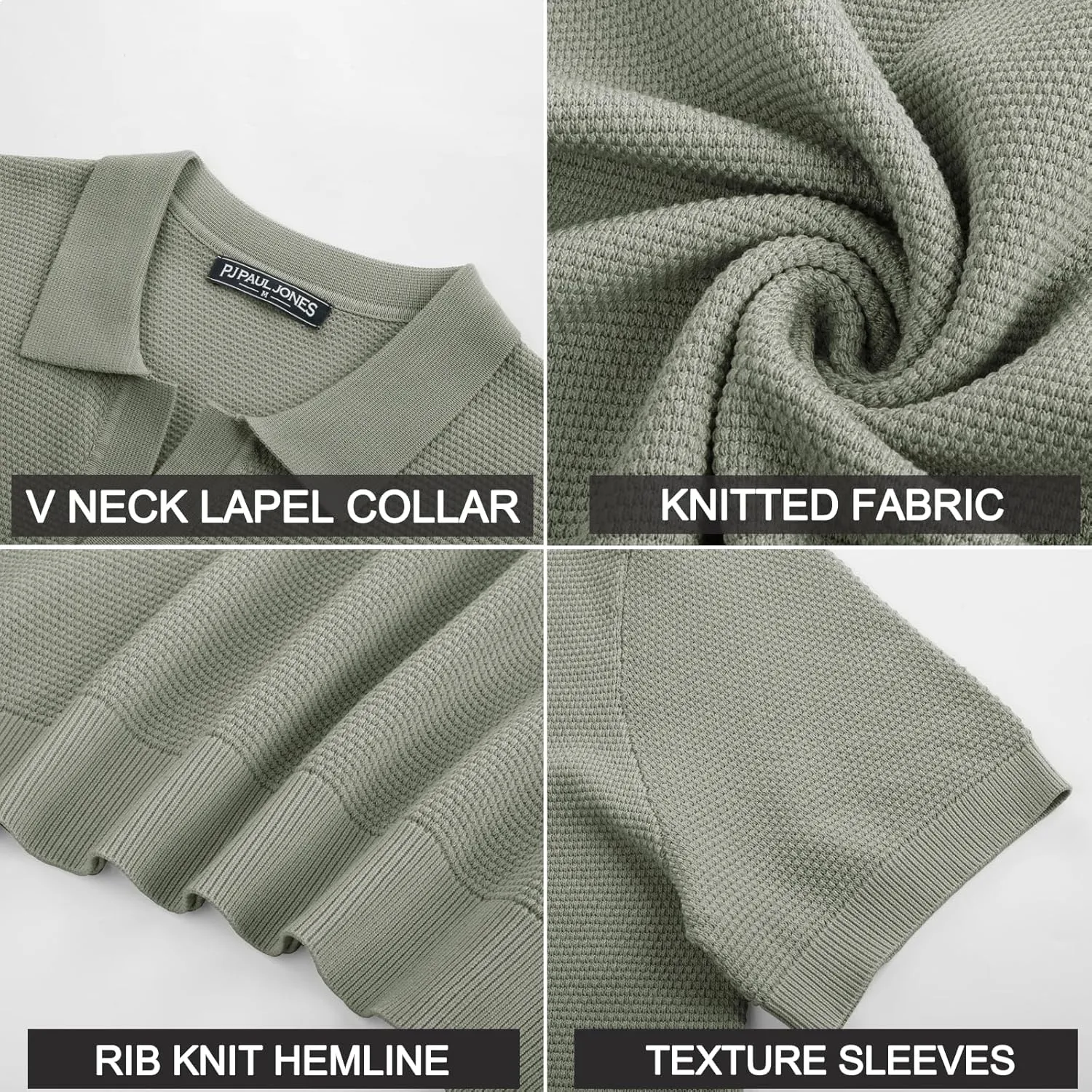 PJ PAUL JONES Mens Polo Shirts Short Sleeve V Neck Knit Textured Polo Knitted Golf Shirt