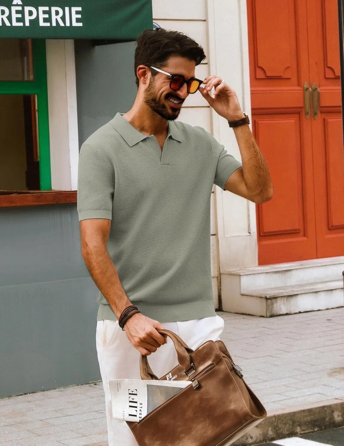 PJ PAUL JONES Mens Polo Shirts Short Sleeve V Neck Knit Textured Polo Knitted Golf Shirt