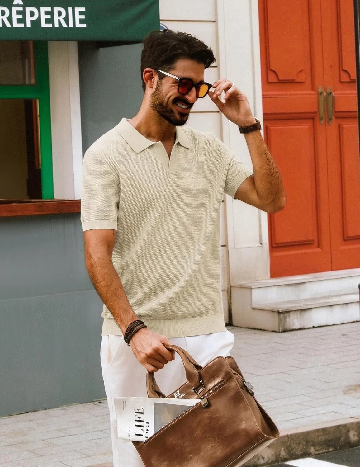 PJ PAUL JONES Mens Polo Shirts Short Sleeve V Neck Knit Textured Polo Knitted Golf Shirt