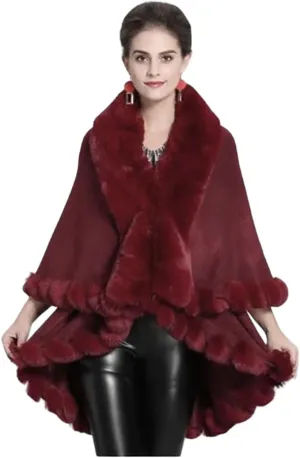 Poncho-Fur-Coat-Cape-Faux Fur-Ruana-blanket-Caplet-Wrap-Shrug-Sweater-dress shawl (Burgundy Wool blend cape with faux fur trim)