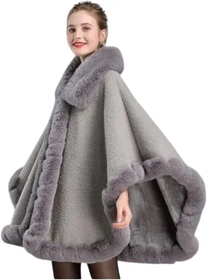 Poncho-Fur-Coat-Cape-Faux Fur-Ruana-blanket-Caplet-Wrap-Shrug-Sweater-dress shawl (Grey Wool blend cape with faux fur trim)