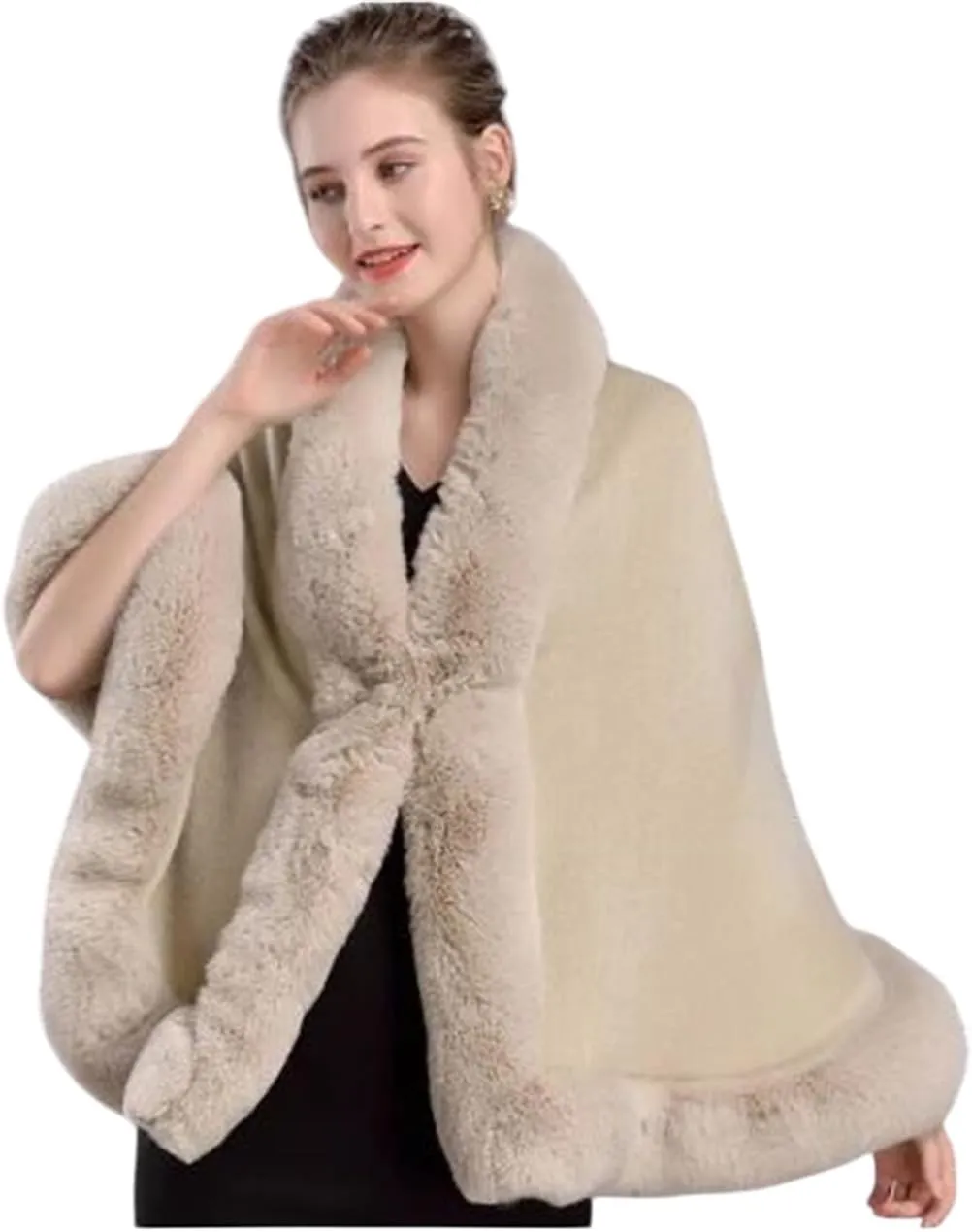 Poncho-Fur-Coat-Cape-Faux Fur-Ruana-blanket-Caplet-Wrap-Shrug-Sweater-dress shawl (Oat meal Wool blend cape with faux fur trim)