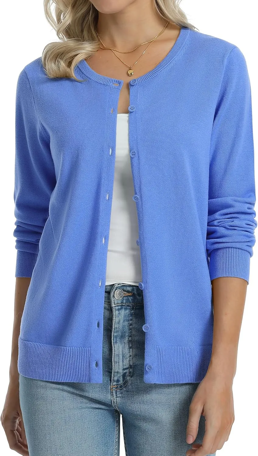 QUALFORT Women's 100% Cotton Lightweight Cardigans Long Sleeve Knitted Button Down Sweater