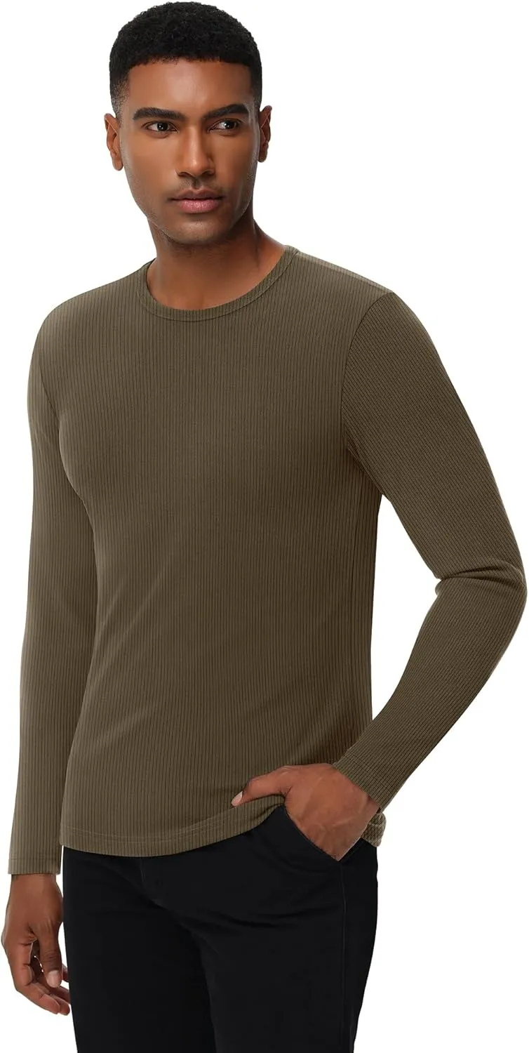 Riyiper 3 Pack Men's Ribbed Thermal Shirts Crew Neck Long Sleeve Tops Winter Stretchy Slim Basic Undershirt