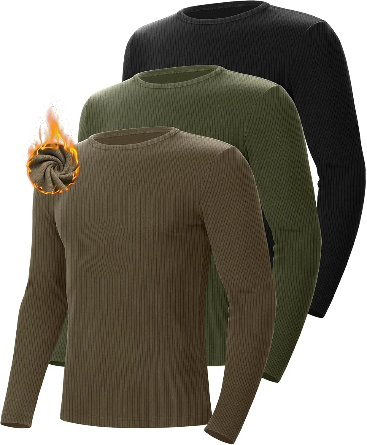 Riyiper 3 Pack Men's Ribbed Thermal Shirts Crew Neck Long Sleeve Tops Winter Stretchy Slim Basic Undershirt